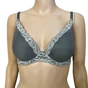 Natori Feathers Contour Plunge Bra 32DD Gray Lace Trim Underwired Lightly Lined